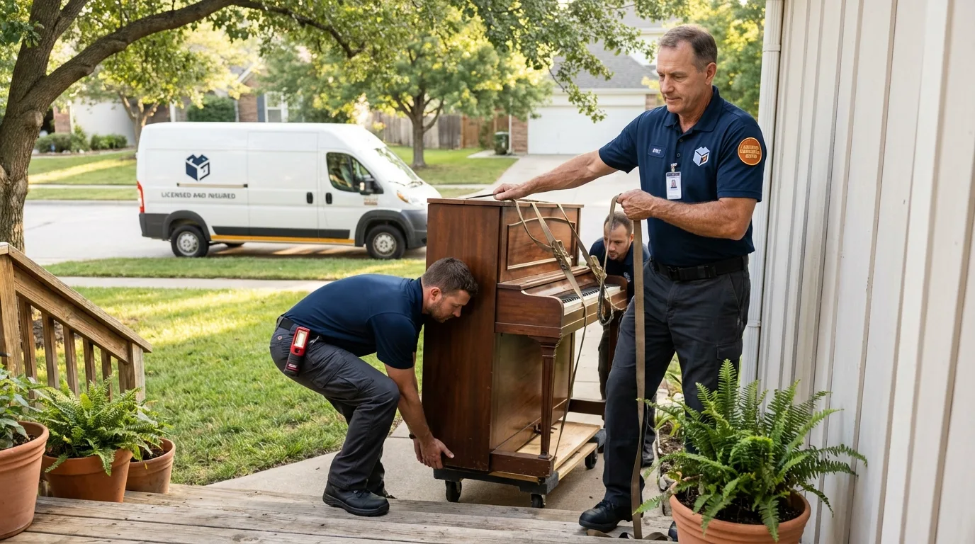 Licensed piano movers securing grand piano in Neligh, NE
