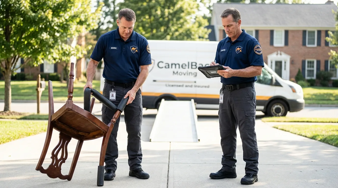 Movers inspecting furniture for damage prevention before loading in Neligh, NE